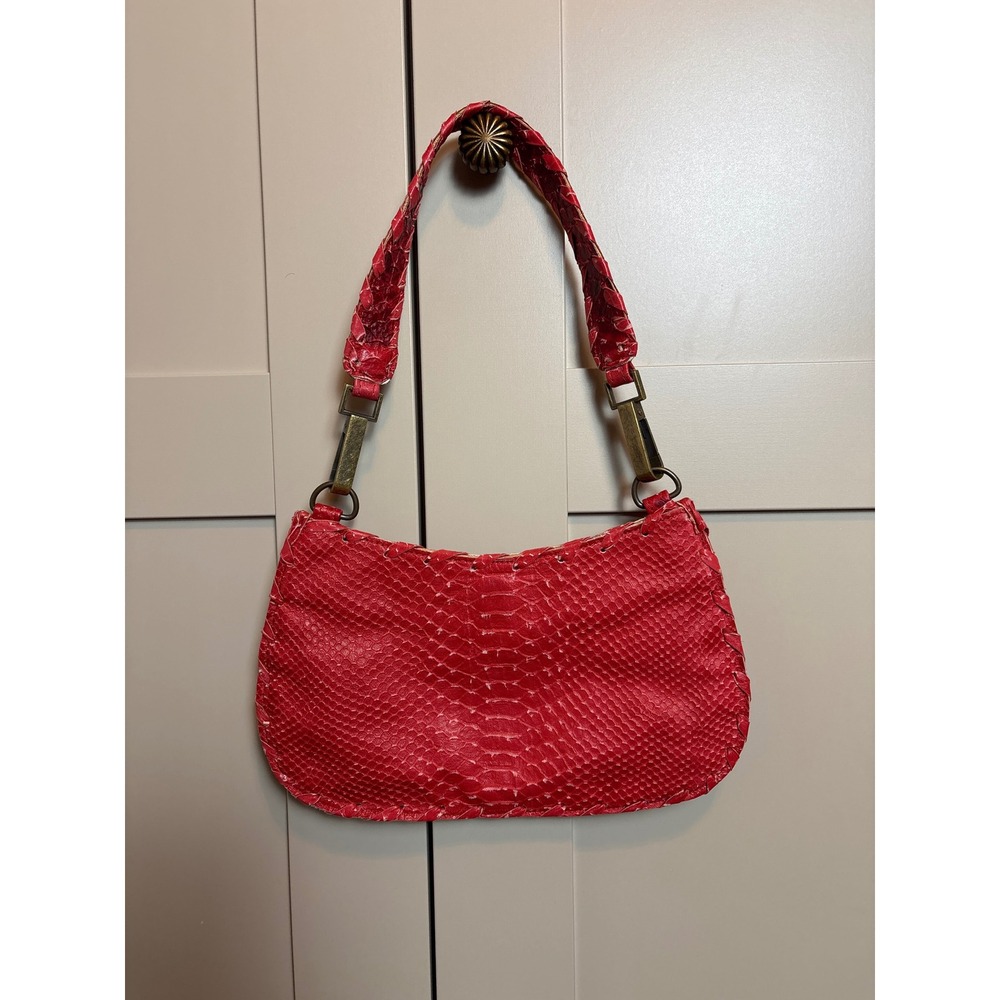 Jamah Red Snakeskin Leather Shoulder Bag Whipstitch Trim Exotic Designer